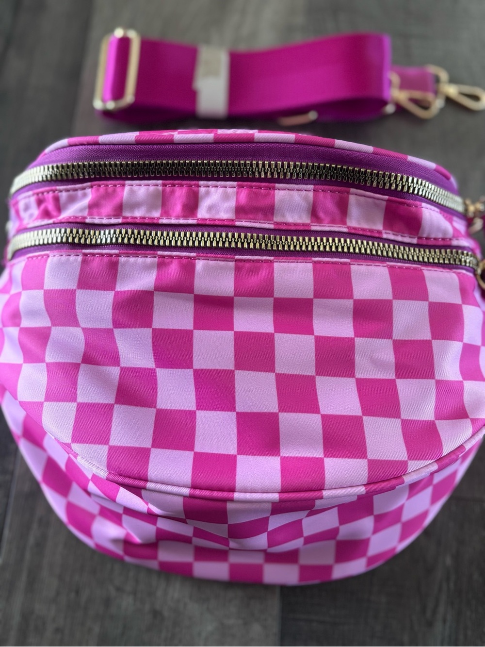 Emmafy Pink Checkerboard Bum Bag with Dual Zips - Picture 2 of 4